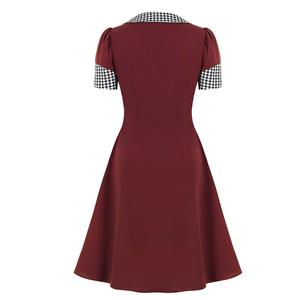 Vintage Peter Pan Collar with Bowknot Front Button Short Sleeve High Waist Party Midi Dress N21704