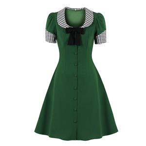 Vintage Peter Pan Collar with Bowknot Front Button Short Sleeve High Waist Party Midi Dress N21705