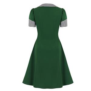 Vintage Peter Pan Collar with Bowknot Front Button Short Sleeve High Waist Party Midi Dress N21705