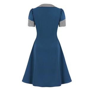 Vintage Peter Pan Collar with Bowknot Front Button Short Sleeve High Waist Party Midi Dress N21706