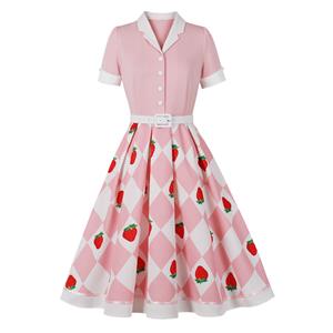 Vintage style, Sweetheart neckline, Puffed lace sleeves, White waist belt with heart-shaped buckle, Strawberry print skirt, Checkered background, A-line silhouette, Mid-length design, Romantic and sweet, Valentine's Day dress #N23824