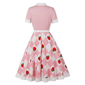 Vintage Pink Dress with Strawberry Print and White Waist Belt - Sweetheart Neckline Party Dress for Women N23824