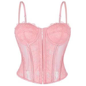 Pink lace corset, Vintage bustier top, Sheer mesh corset, Adjustable spaghetti straps, Gothic lingerie, Halloween costume corset, Burlesque performance wear, Vintage pin-up style, Underwire support top, Themed party lingerie #N23791