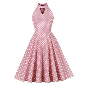 Vintage Pink Polka Dot Halter Swing Dress 1950s Style N23935