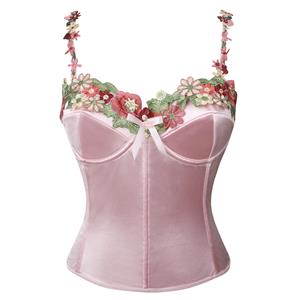 pink satin corset, vintage lingerie set, floral lace bustier, adjustable back straps, sweetheart neckline, bridal shapewear, seamless sheath, stretch satin corset, retro intimate apparel, lace overlay bodysuit #N237823