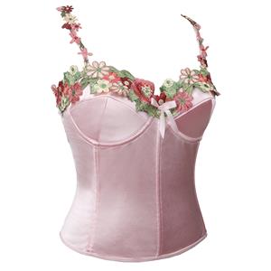 Vintage Pink Satin Corset Set - Floral Lace Overlay Bustier with Adjustable Back Straps N237823