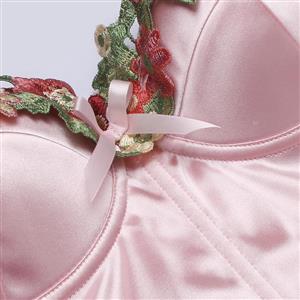Vintage Pink Satin Corset Set - Floral Lace Overlay Bustier with Adjustable Back Straps N237823