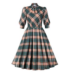 1950s Vintage Tie Collar Half Puff Sleeve Plaid Pattern Office Lady High Waist Midi Dress N21584