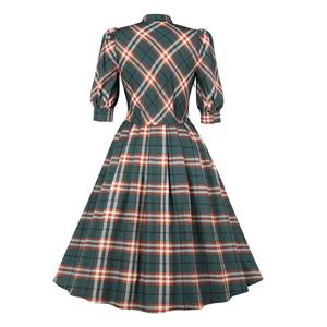 1950s Vintage Tie Collar Half Puff Sleeve Plaid Pattern Office Lady High Waist Midi Dress N21584