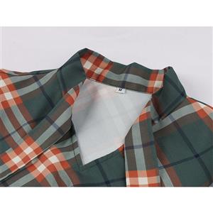 1950s Vintage Tie Collar Half Puff Sleeve Plaid Pattern Office Lady High Waist Midi Dress N21584