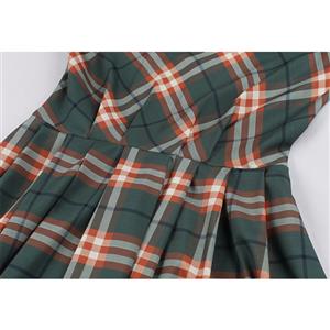 1950s Vintage Tie Collar Half Puff Sleeve Plaid Pattern Office Lady High Waist Midi Dress N21584