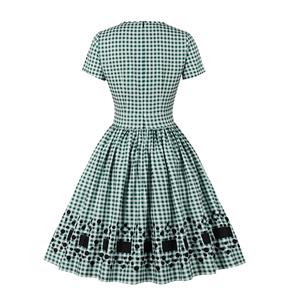 Vintage Square Neckline Short Sleeve Gingham Cotton High Waist Daily Casual A-line Dress N21585