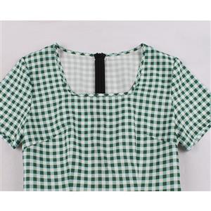 Vintage Square Neckline Short Sleeve Gingham Cotton High Waist Daily Casual A-line Dress N21585