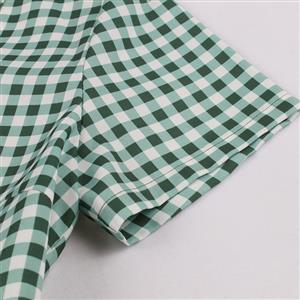 Vintage Square Neckline Short Sleeve Gingham Cotton High Waist Daily Casual A-line Dress N21585