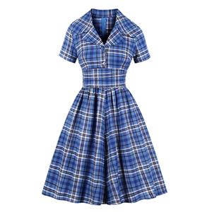 Vintage Blue Plaid Turndown Collar Short Sleeve High Waist Midi Dress N19405