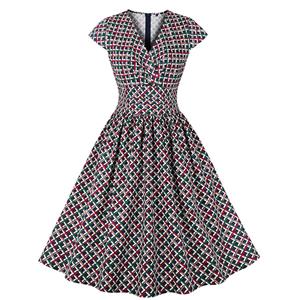 Vintage Plaid V Neck Zipper  Short Sleeve High Waist Summer Daily Swing Dress N22836
