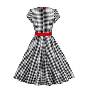 Vintage Black and White Plaid V Neck Zipper Short Sleeve High Waist Daily Swing Dress N23153