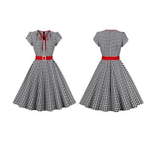 Vintage Black and White Plaid V Neck Zipper Short Sleeve High Waist Daily Swing Dress N23153