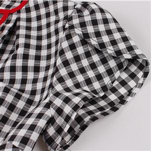 Vintage Black and White Plaid V Neck Zipper Short Sleeve High Waist Daily Swing Dress N23153