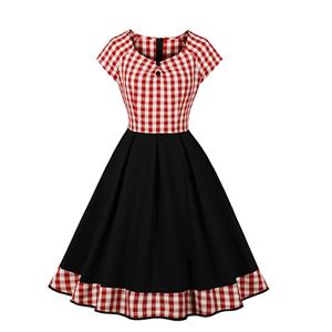 Vintage Elegant Red Plaid Short Sleeve Round Neck High Waist Zipper Midi Dress N23148