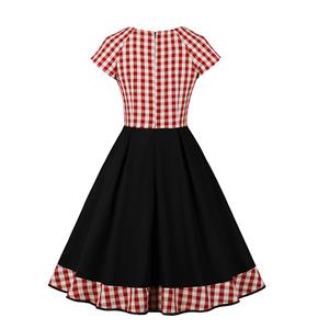 Vintage Elegant Red Plaid Short Sleeve Round Neck High Waist Zipper Midi Dress N23148