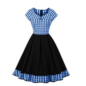 Vintage Elegant Blue Plaid Short Sleeve Round Neck High Waist Zipper Midi Dress N23149