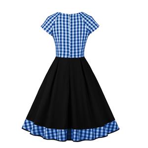 Vintage Elegant Blue Plaid Short Sleeve Round Neck High Waist Zipper Midi Dress N23149