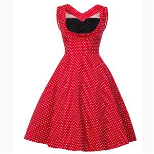 Vintage Red Polka Dot Printed Pleated Sweetheart Neckline Midi Swing Dress N18132