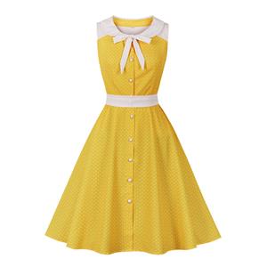 Fashion Polka Dots Tie Collar Sleeveless Front Button High Waist Belted Summer Swing Dress N22259