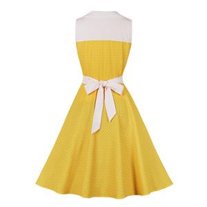 Fashion Polka Dots Tie Collar Sleeveless Front Button High Waist Belted Summer Swing Dress N22259