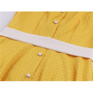 Fashion Polka Dots Tie Collar Sleeveless Front Button High Waist Belted Summer Swing Dress N22259