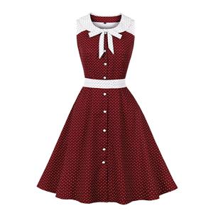 Fashion Polka Dots Tie Collar Sleeveless Front Button High Waist Belted Summer Swing Dress N22260