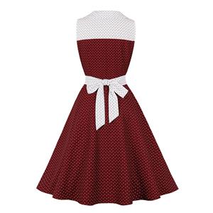 Fashion Polka Dots Tie Collar Sleeveless Front Button High Waist Belted Summer Swing Dress N22260