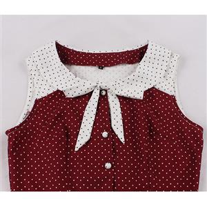 Fashion Polka Dots Tie Collar Sleeveless Front Button High Waist Belted Summer Swing Dress N22260