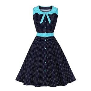 Fashion Polka Dots Tie Collar Sleeveless Front Button High Waist Belted Summer Swing Dress N22261