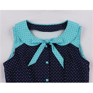 Fashion Polka Dots Tie Collar Sleeveless Front Button High Waist Belted Summer Swing Dress N22261