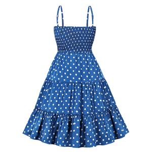 Retro Rockabilly Polka Dots Big Bowknot Spaghetti Straps High Waist Summer Swing Dress N21749