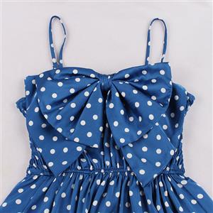 Retro Rockabilly Polka Dots Big Bowknot Spaghetti Straps High Waist Summer Swing Dress N21749