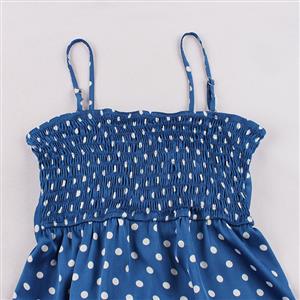 Retro Rockabilly Polka Dots Big Bowknot Spaghetti Straps High Waist Summer Swing Dress N21749