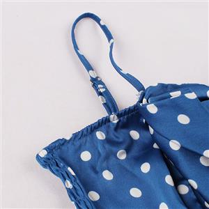 Retro Rockabilly Polka Dots Big Bowknot Spaghetti Straps High Waist Summer Swing Dress N21749