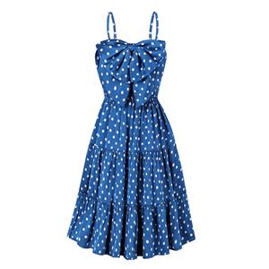 Retro Rockabilly Polka Dots Big Bowknot Spaghetti Straps High Waist Summer Swing Dress N21749