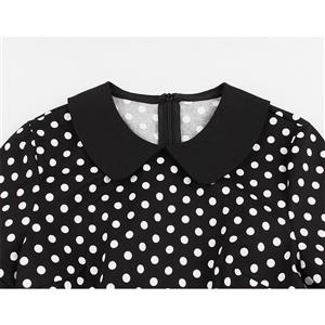 Vintage Black and White Polka Dots Lapel Short Sleeve A-line Swing Dress N18700