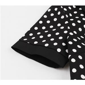 Vintage Black and White Polka Dots Lapel Short Sleeve A-line Swing Dress N18700