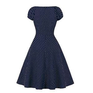 Fashion Polka Dots Print Sweetheart Drawstring Lace-up Short Sleeve High Waist Midi Dress N22258