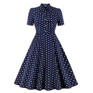 1950s Vintage Tie Collar Polka Dots Short Sleeve High Waist Cocktail Party Swing Dress N21579