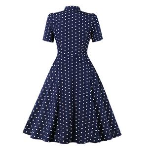 1950s Vintage Tie Collar Polka Dots Short Sleeve High Waist Cocktail Party Swing Dress N21579