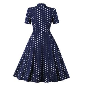 1950s Vintage Tie Collar Polka Dots Short Sleeve High Waist Cocktail Party Swing Dress N21579