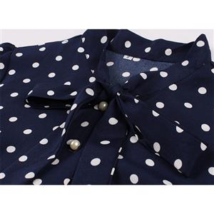 1950s Vintage Tie Collar Polka Dots Short Sleeve High Waist Cocktail Party Swing Dress N21579