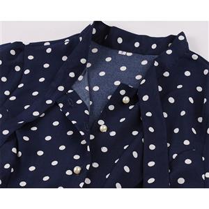 1950s Vintage Tie Collar Polka Dots Short Sleeve High Waist Cocktail Party Swing Dress N21579