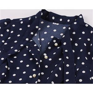 1950s Vintage Tie Collar Polka Dots Short Sleeve High Waist Cocktail Party Swing Dress N21579
